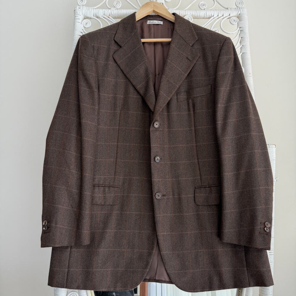 Belvest Blazer Men 44L Brown Windowpane 100% Cashmere Sport Coat Italy Jacket